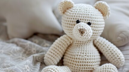 Handmade Crocheted Teddy Bear Plush Toy in Neutral Colors for Nursery Decor or Cozy Home Accents