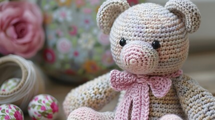 Crocheted Teddy Bear Resting Among Vintage Floral Decor