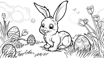 Obraz premium Adorable Easter Bunny Cartoon Coloring Page in Black and White