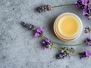 Top view of lavender flowers and a jar of  lavender cream.