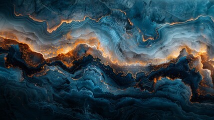A stunning abstract image of dark blue and orange marbled patterns, evoking a sense of mystery and surreal beauty.