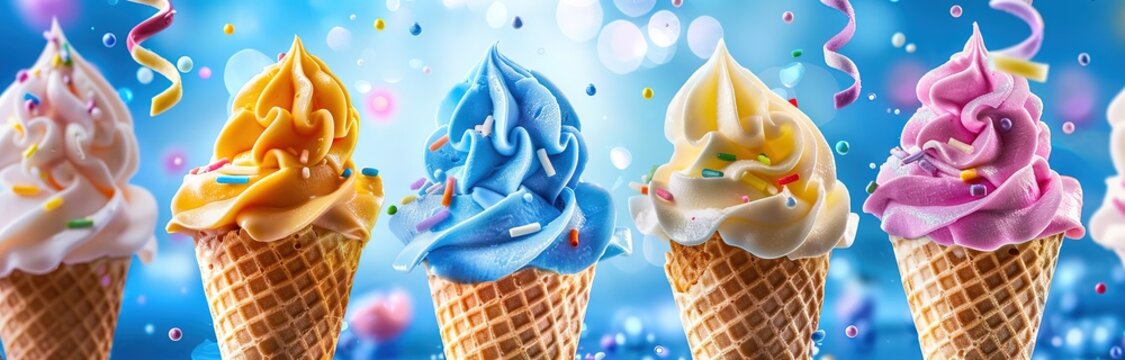 Some colorful ice cream cones with spinkle toppings were photographed with a blue background with a blur effect