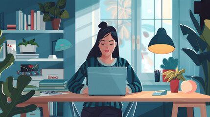 Fototapeta premium Home office: young woman teleworking with laptop at home