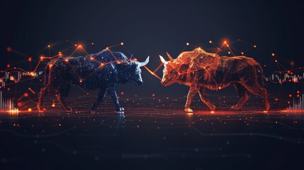 Futuristic digital bulls facing off, representing the stock market's bull and bear trends with glowing neon lines and data points.