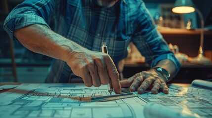 Obraz premium Close-up of an architect's hands drawing blueprints on a desk, showcasing detailed precision and creativity in a well-lit workspace.