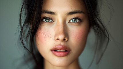 Close up Portrait of a Woman with Beautiful Eyes and Freckles. Asian Vietnamese Ethnicity   