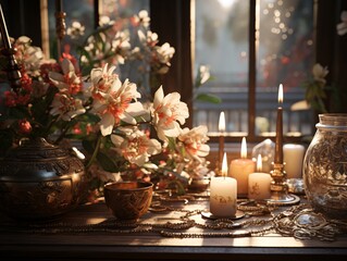 Rustic lantern with candles on a wooden table.