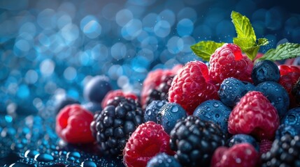 Fresh assorted berries including raspberries, blackberries, and blueberries with water droplets, set against a vibrant, bokeh background.