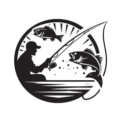 Fishing logo icon silhouette vector. Vintage fishing logo design. Fish chub, Fish, and fishing rod. carp fish, great set collection clip art Silhouette, Black vector illustration on white background