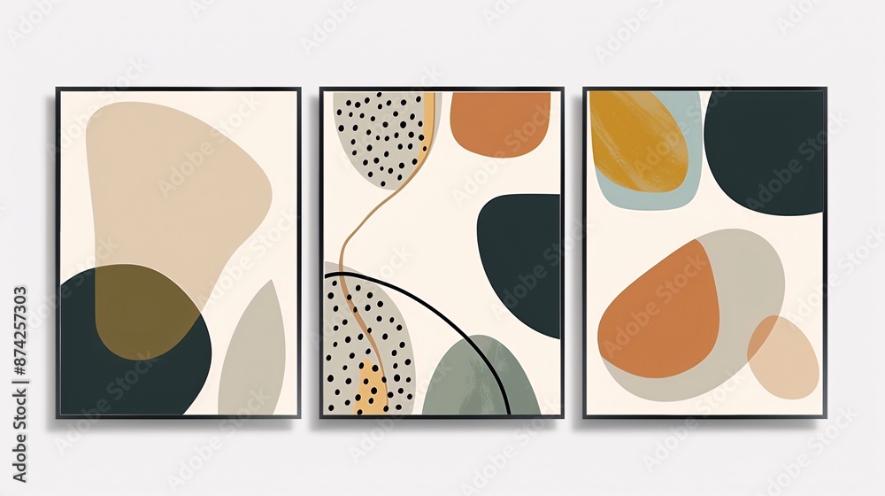 Poster a set of three interconnected abstract posters with a continuous minimalistic image, displayed on a 