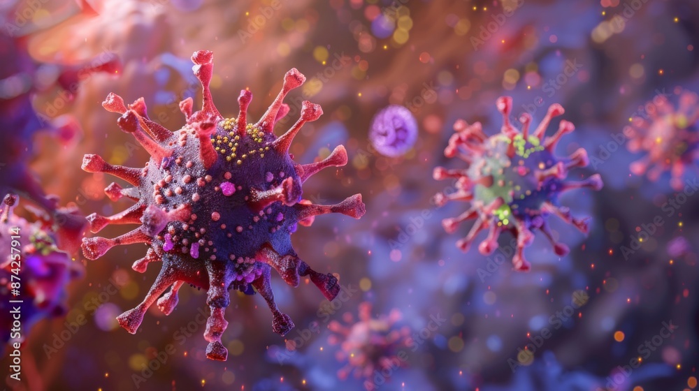 Poster A close-up, 3D rendering of a coronavirus, featuring its distinctive spike proteins and complex structure.