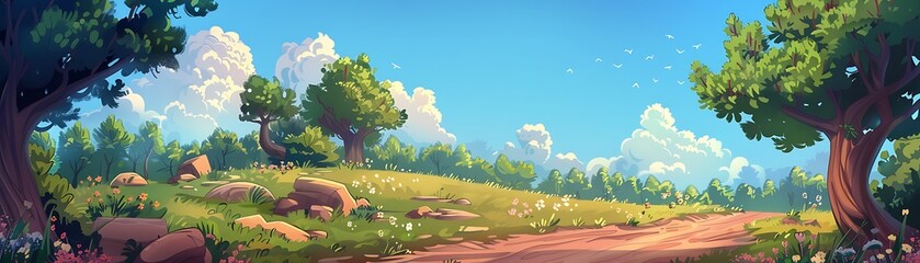 Obraz premium Scenic landscape with rolling hills, vibrant greenery, and a winding path