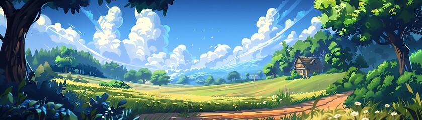 Obraz premium Scenic landscape with rolling green hills, a small cottage, and a winding dirt road