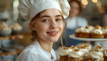 Smiling pastry chef with tray of delicious desserts in bakery. Warm, inviting ambiance with a focus on handmade sweets and professionalism.