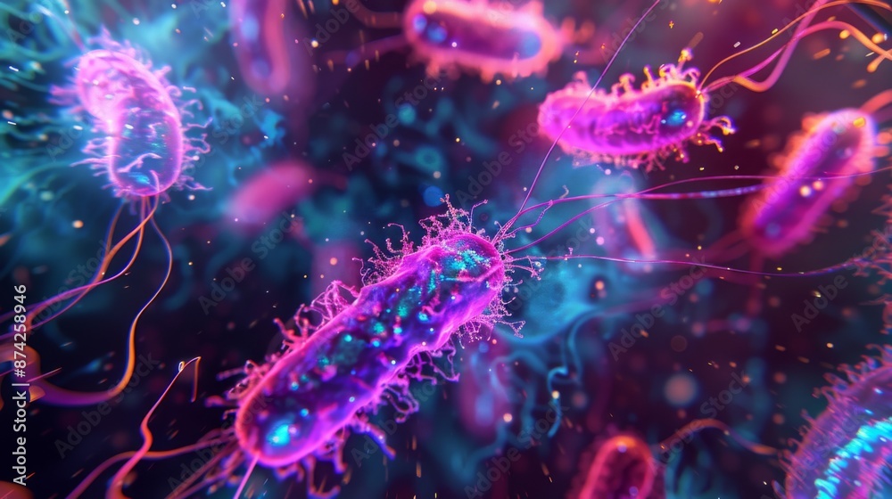 Poster multiple bacteria are shown in an illuminated, abstract setting. their vibrant, iridescent colors an