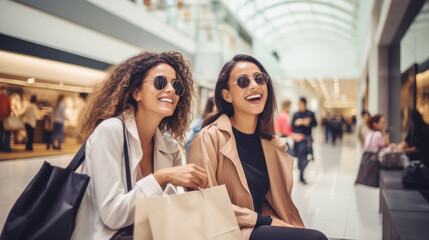 Two smiling young women shopping at mall, carrying shopping bags
