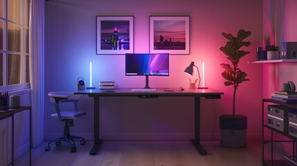 Technologically Enhanced Home Office with Adjustable Lighting and Smart Desk for Optimal