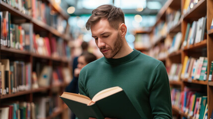 Bookstore scene with people browsing and reading, emphasizing literacy and community, plenty of copy space, sharp focus on all objects, deep depth of field.