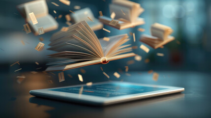Modern literacy concept with digital tablet and flying books, copy space, deep depth of field.