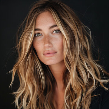Hairstyle ideas. Hair style is Balayage (Ombre, Highlighting, Sun Kiss). Woman Portrait in Hair Salon 