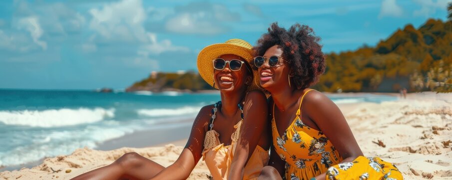 Group of friends laughing and enjoying a sunny day at the beach. Free copy space for text.