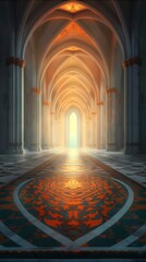 Obraz premium Elaborate hallway is bathed in warm light emanating from an open doorway at the end of the hall. Intricate details and patterns are visible on the floor and walls. vertical architecture with arches