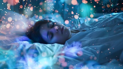 Ethereal Sleep Surrounded by Floating Dream Elements and Soft Glowing Light