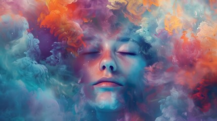 Serene Abstract Portrait of Person with Closed Eyes and Dreamlike Colors