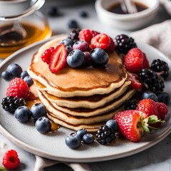 Fluffy Pancakes Topped with Fresh Berries and Maple Syrup

