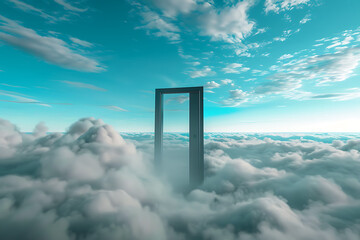 An open door stands in the middle of the sky, creating a surreal and dreamlike scene, symbolizing new opportunities and the unknown.
