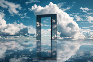 An open door stands in the middle of the sky, creating a surreal and dreamlike scene, symbolizing new opportunities and the unknown.