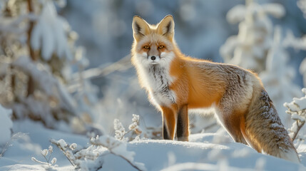 Fototapeta premium A picturesque snowy forest scene featuring a red fox standing amidst snow-dusted trees under a clear blue sky.