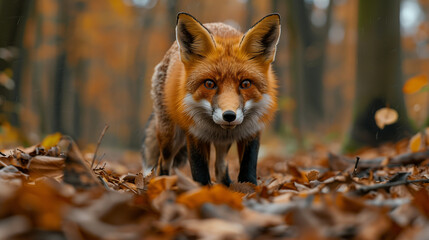 Fototapeta premium A fox peering out from a dense forest, surrounded by towering trees and a carpet of fallen leaves. The fox's alert gaze and the lush natural backdrop form an enchanting and vibrant tableau.