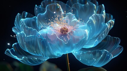 Line-based visualization: glowing peony on translucent background, Ultimate stamen details, blue 8k, wireframe