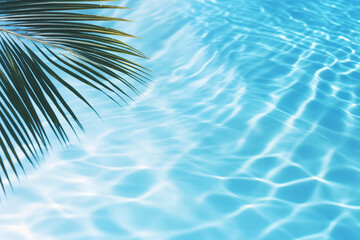 Fond d'une eau turquoise, bleue avec des reflets et du mouvement. Feuille de palmier. Pour conception et création graphique. Vacances, soleil, été, voyage.