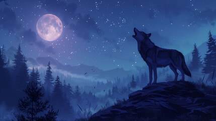 Majestic wolf atop a hill, howling at the moon under a starlit sky, with a forest below, evoking a powerful and mesmerizing nighttime image.

