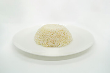 A Plate of White basmati long grain Rice isolated in White Background PNG