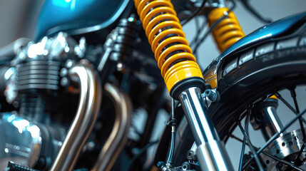 Fototapeta premium Detailed View of Motorcycle Parts. Yellow Springs and Blue Tank Close-Up
