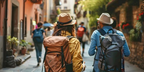Tourists exploring a historic city center, showcasing cultural heritage, travel, and adventure