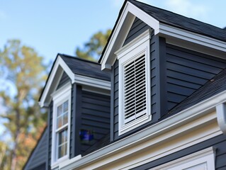 Close-Up View of Dormer Window with White Trim on a Blue House.