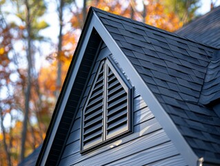 Close-up of a Gable Vent on a House with Black Shingles and White Trim