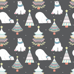 Cute seamless pattern with polar bears and Christmas trees. Black background. Perfect for baby prints, home textiles, Christmas cards, fabric print, scrapbook elements and wrapping paper design.