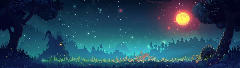 Magical night forest landscape with glowing mushrooms and distant hills