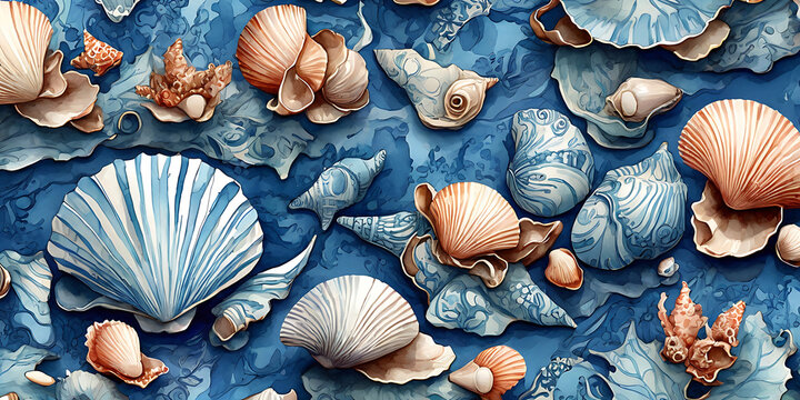 blue seashell pattern background ocean beach coastal shell