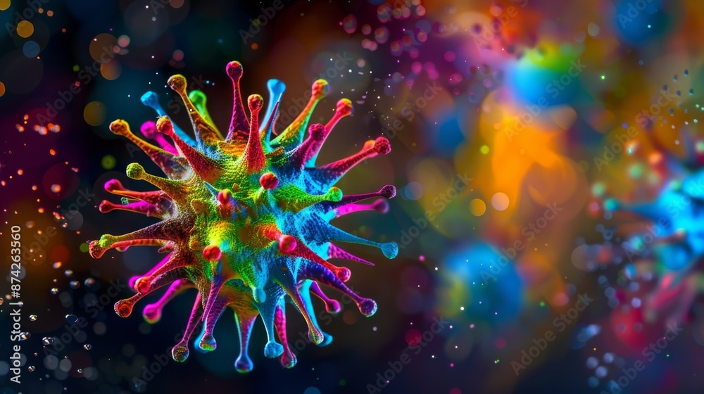 Leinwandbilder a colorful, 3d render of a virus with spikes. the virus is rendered in vibrant colors against a dark