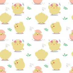 Seamless pattern with cute chicken. White background. Perfect for kids design, postcard design, greeting card design, fabric print, baby shower, wrapping paper design, baby prints, home textiles.