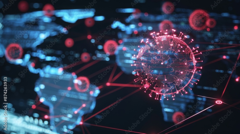 Leinwandbilder a digital illustration depicts a virus cell over a world map. red lines connect the virus cell to va