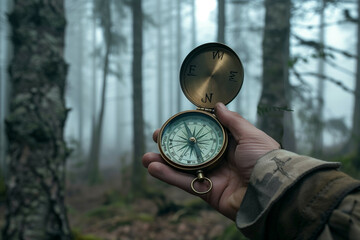 Naklejka premium A person holding an open compass in a foggy forest, showcasing the directional points, surrounded by tall, mist-covered trees