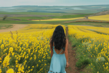 Fototapeta premium A Young Woman with Long Black Hair Wearing a Light Blue Dress Walking Down a Path in a Lush Yellow Flower Field with Rolling Hills in the Background, Capturing the Essence of Spring