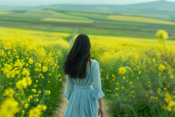 Fototapeta premium Serene Journey through Blossoming Yellow Fields: A Young Woman in a Light Blue Dress Walks Down a Floral Pathway, Embracing the Beauty of Nature in a Spring Landscape